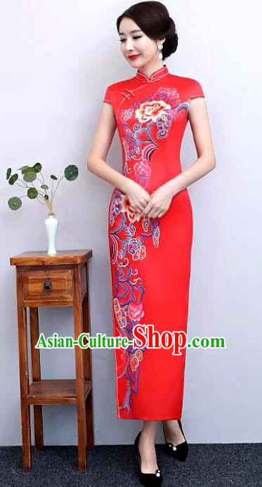Chinese Traditional Tang Suit Printing Silk Qipao Dress National Costume Retro Red Mandarin Cheongsam for Women