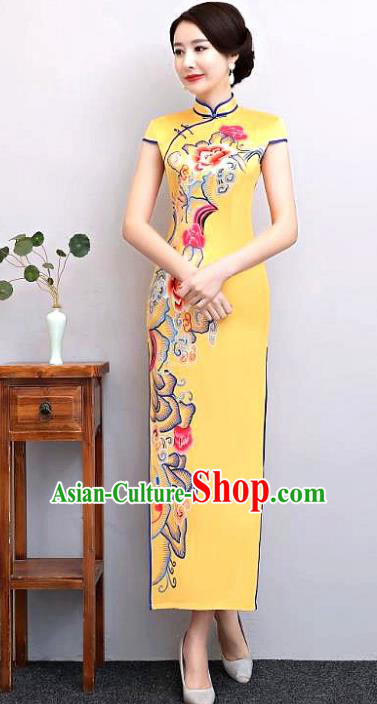 Chinese Traditional Tang Suit Printing Silk Qipao Dress National Costume Retro Yellow Mandarin Cheongsam for Women