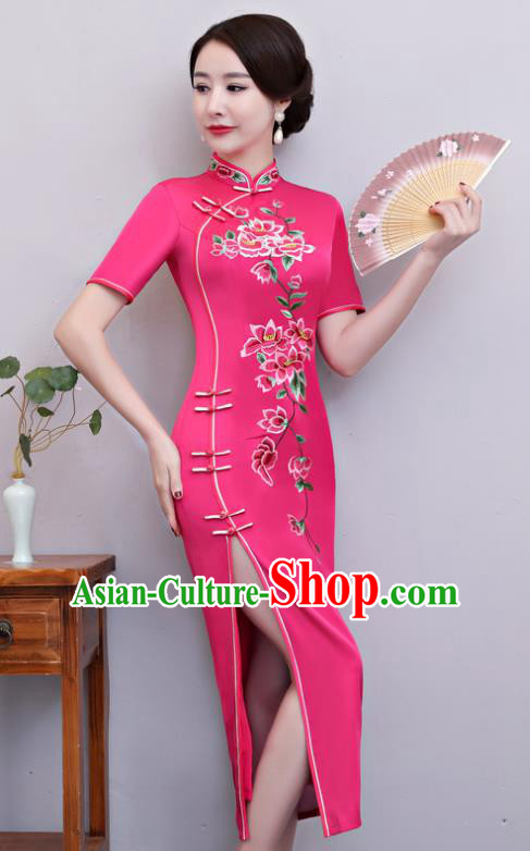 Chinese Traditional Tang Suit Embroidered Rosy Qipao Dress National Costume Mandarin Cheongsam for Women