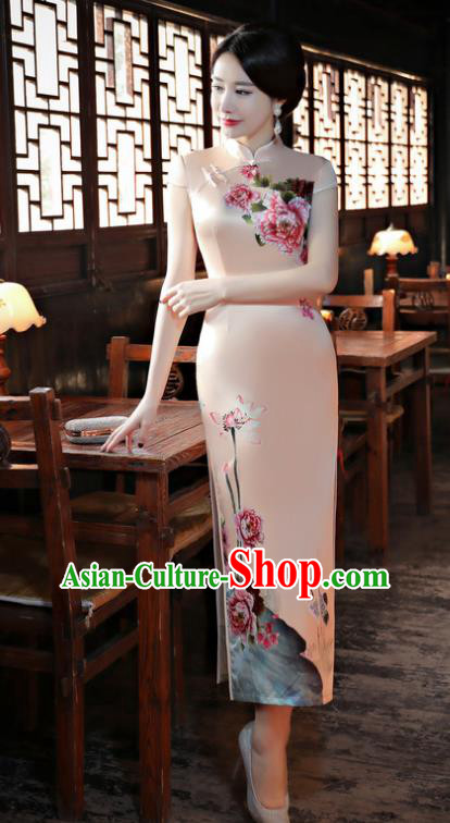 Chinese Traditional Tang Suit Printing Peony Qipao Dress National Costume Pink Mandarin Cheongsam for Women