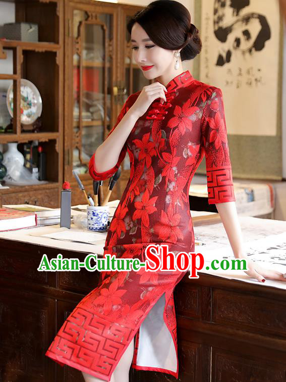 Chinese Traditional Tang Suit Wedding Qipao Dress National Costume Red Mandarin Cheongsam for Women