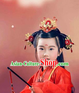 Traditional Chinese Ancient Hair Accessories Red Hair Coronet and Hairpins for Kids