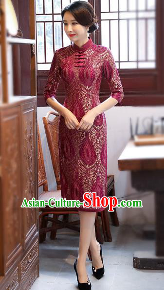 Chinese Traditional Tang Suit Qipao Dress National Costume Amaranth Mandarin Cheongsam for Women