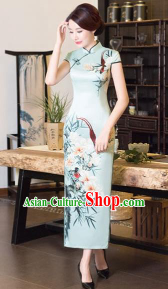 Chinese Traditional Tang Suit Printing Flowers Qipao Dress National Costume Green Silk Mandarin Cheongsam for Women