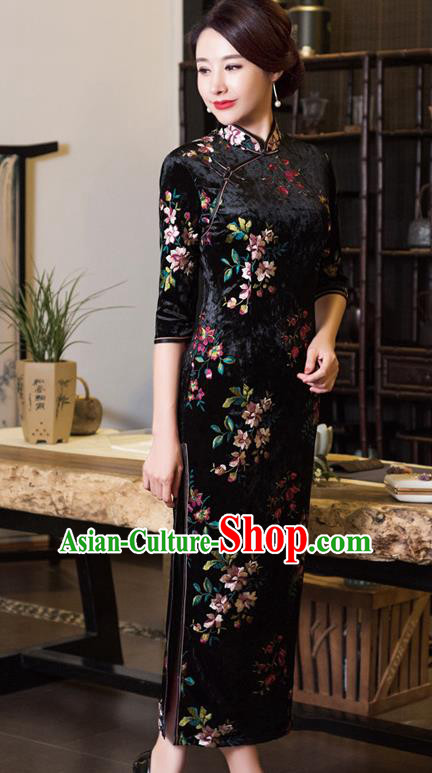 Chinese Traditional Tang Suit Black Velvet Qipao Dress National Costume Mandarin Cheongsam for Women