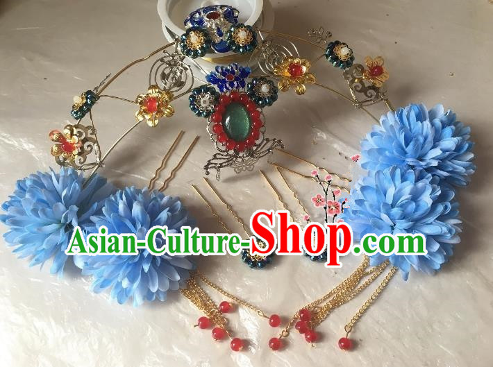 Traditional Chinese Ancient Wedding Hair Accessories Blueing Phoenix Coronet Hairpins Complete Set for Women