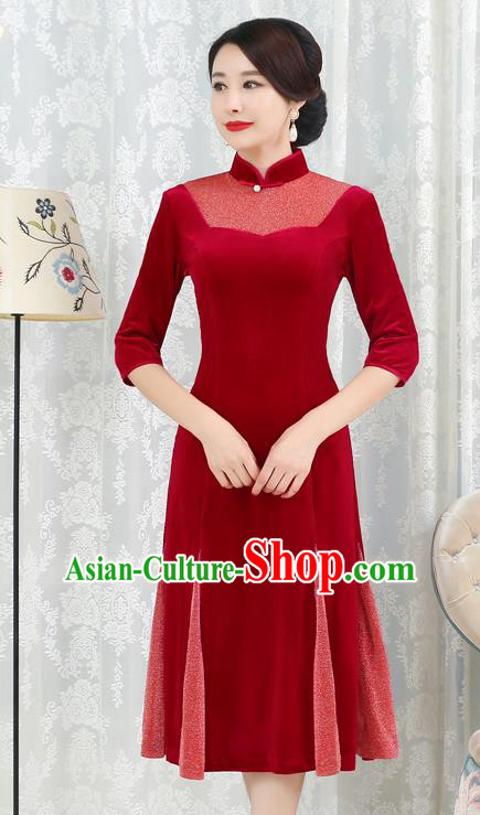 Chinese Traditional Tang Suit Red Velvet Qipao Dress National Costume Top Grade Mandarin Cheongsam for Women