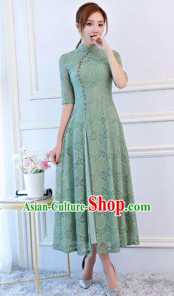 Top Grade Chinese Traditional Green Lace Qipao Dress National Costume Tang Suit Mandarin Cheongsam for Women