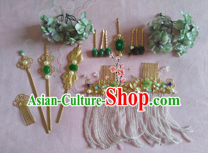 Traditional Chinese Ancient Wedding Hair Accessories Green Flowers Hair Stick Hairpins Complete Set for Women