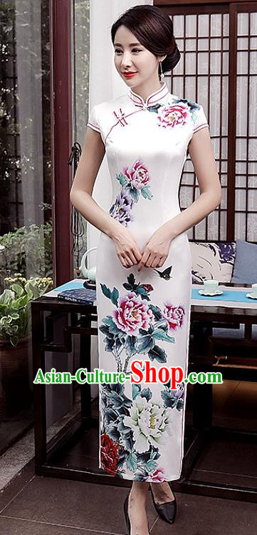 Chinese Traditional Tang Suit Qipao Dress National Costume Printing Flowers White Mandarin Cheongsam for Women