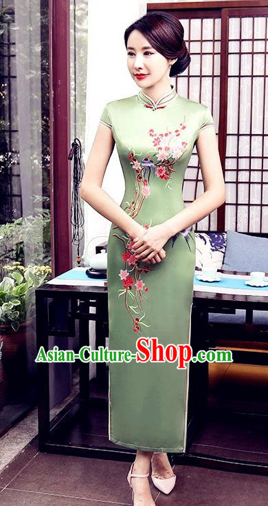 Chinese Traditional Tang Suit Qipao Dress National Costume Printing Birds Green Mandarin Cheongsam for Women