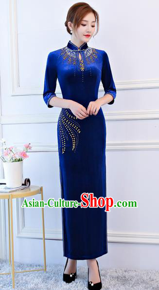 Top Grade Chinese Traditional Royalblue Velvet Qipao Dress National Costume Tang Suit Mandarin Cheongsam for Women