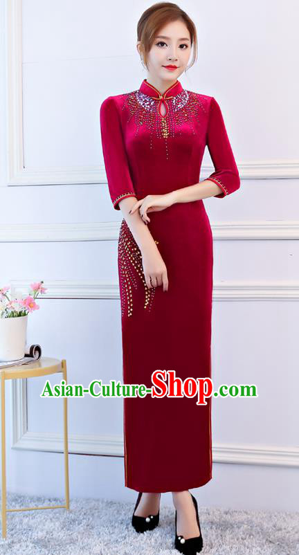 Top Grade Chinese Traditional Red Velvet Qipao Dress National Costume Tang Suit Mandarin Cheongsam for Women