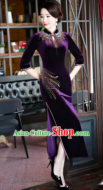 Top Grade Chinese Traditional Purple Velvet Qipao Dress National Costume Tang Suit Mandarin Cheongsam for Women