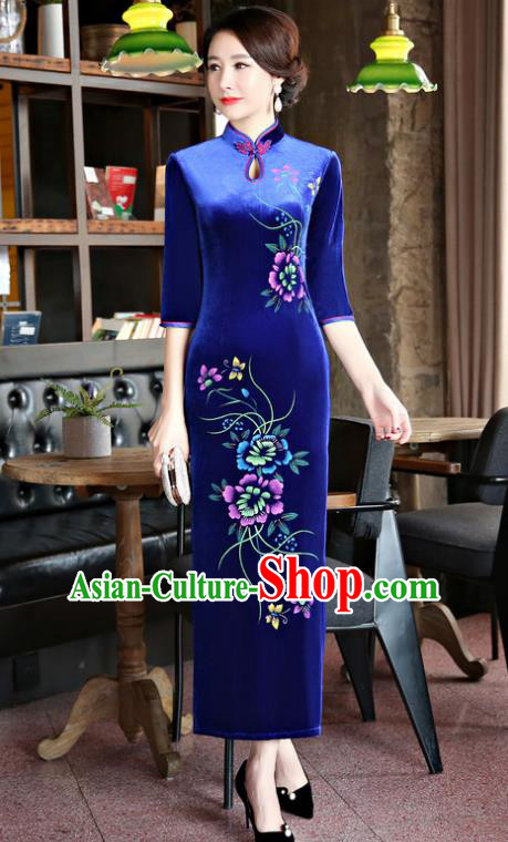 Top Grade Chinese Traditional Blue Velvet Qipao Dress National Costume Tang Suit Mandarin Cheongsam for Women
