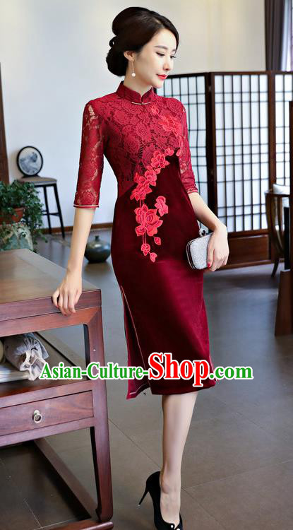 Top Grade Chinese Traditional Red Lace Qipao Dress National Costume Tang Suit Mandarin Cheongsam for Women