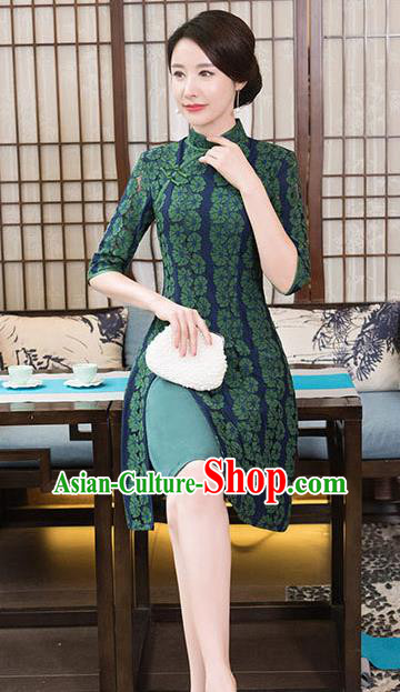 Top Grade Chinese Traditional Qipao Dress National Costume Tang Suit Green Lace Mandarin Cheongsam for Women