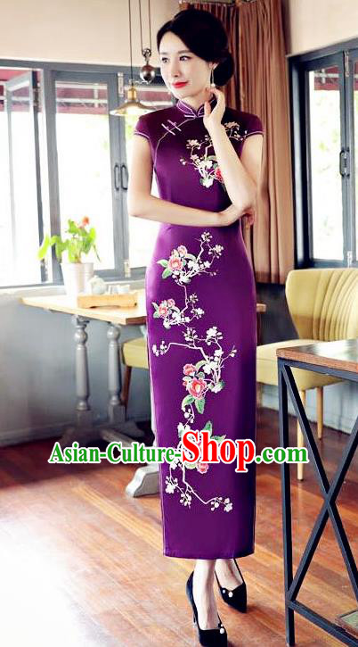 Top Grade Chinese Traditional Printing Flowers Qipao Dress National Costume Tang Suit Purple Silk Mandarin Cheongsam for Women