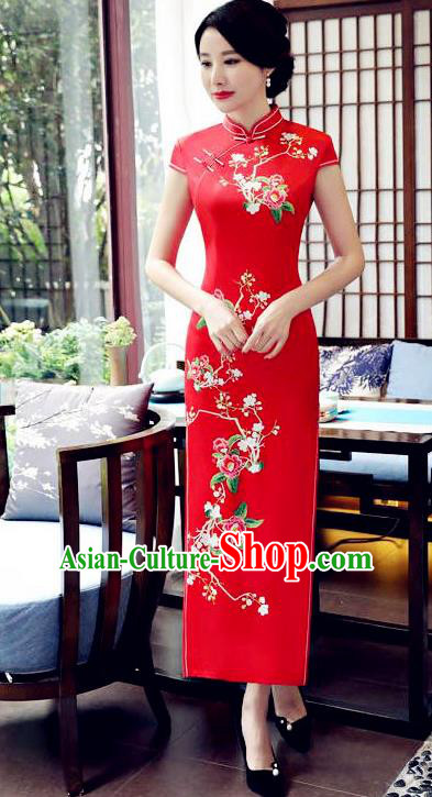 Top Grade Chinese Traditional Printing Flowers Qipao Dress National Costume Tang Suit Red Silk Mandarin Cheongsam for Women