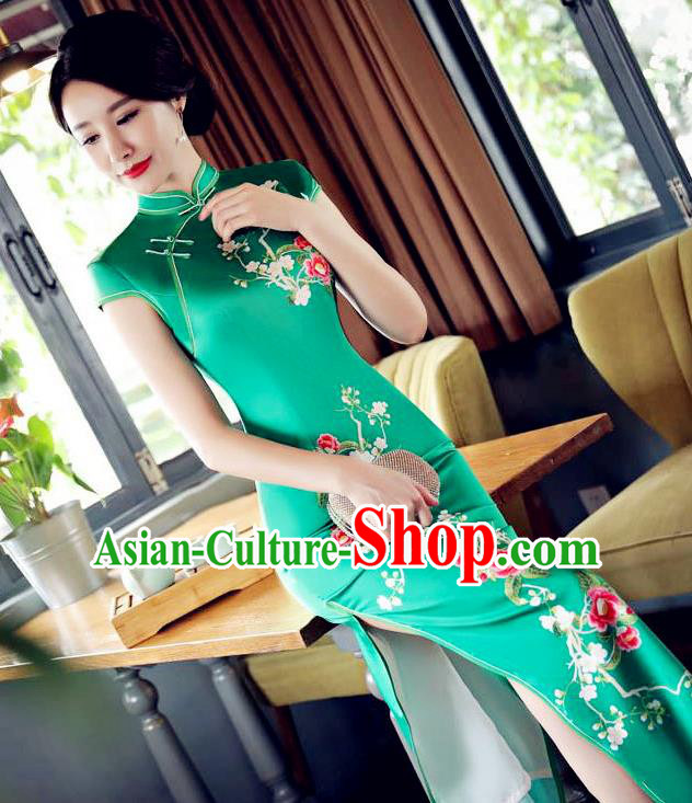 Top Grade Chinese Traditional Printing Flowers Qipao Dress National Costume Tang Suit Green Silk Mandarin Cheongsam for Women