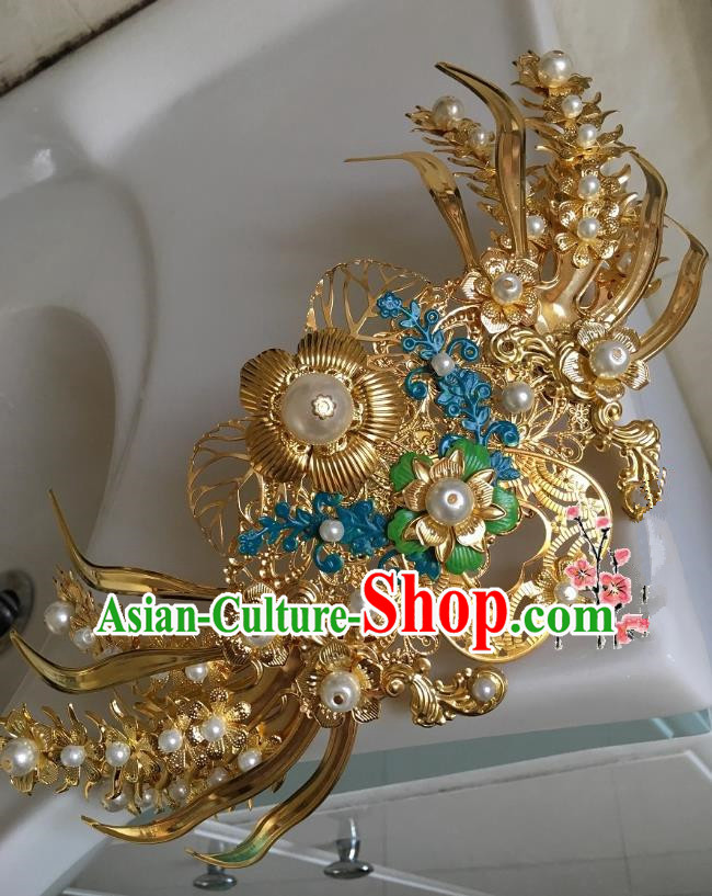 Traditional Chinese Ancient Queen Hair Accessories Golden Phoenix Coronet Hairpins for Women