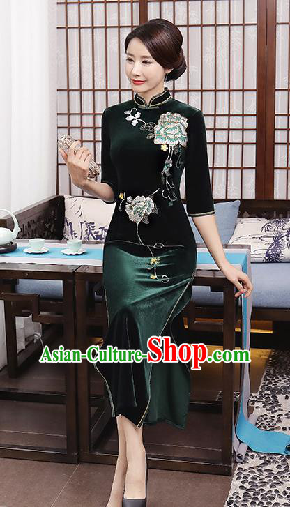 Top Grade Chinese Traditional Qipao Dress National Costume Green Velvet Mandarin Cheongsam for Women