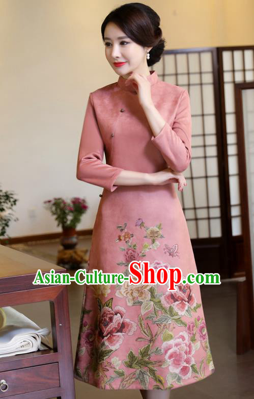 Top Grade Chinese Traditional Printing Qipao Dress National Costume Pink Suede Fabric Mandarin Cheongsam for Women