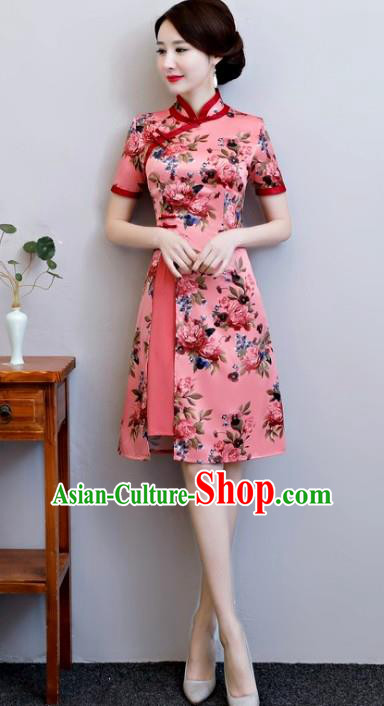 Top Grade Chinese Pink Watered Gauze Qipao Dress National Costume Traditional Mandarin Cheongsam for Women