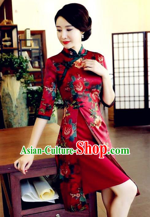 Top Grade Chinese Red Watered Gauze Qipao Dress National Costume Traditional Mandarin Cheongsam for Women