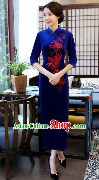 Top Grade Chinese Embroidered Qipao Dress National Costume Traditional Blue Velvet Mandarin Cheongsam for Women