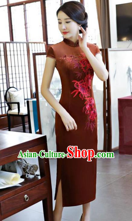 Top Grade Chinese Embroidered Qipao Dress National Costume Traditional Brown Velvet Mandarin Cheongsam for Women