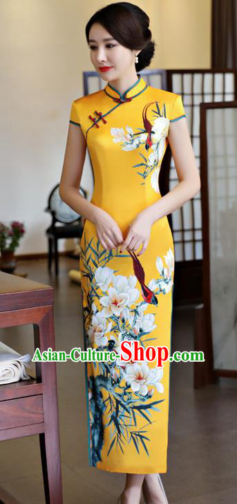Top Grade Chinese Printing Pear Blossom Qipao Dress National Costume Traditional Yellow Silk Mandarin Cheongsam for Women