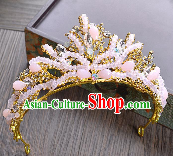 Handmade Bride Wedding Hair Accessories Pink Beads Royal Crown for Women