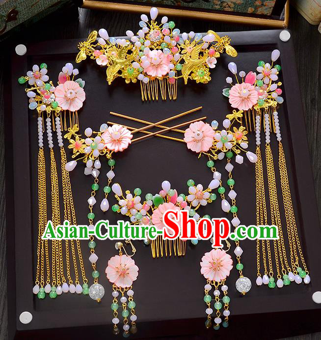 Traditional Chinese Ancient Bride Hair Accessories Xiuhe Suit Hairpins Pink Flowers Hair Comb Complete Set for Women