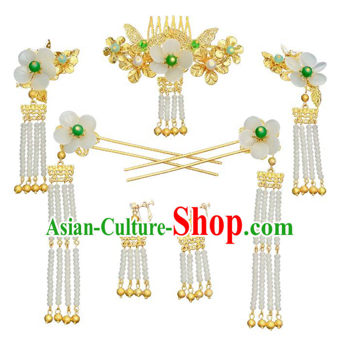 Traditional Chinese Ancient Bride Hair Accessories Xiuhe Suit Hairpins White Flowers Hair Comb Complete Set for Women