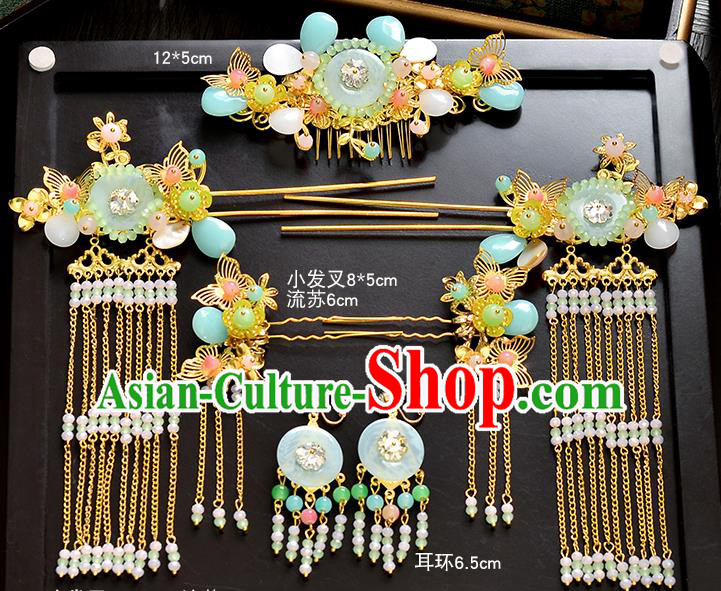Traditional Chinese Ancient Bride Hair Accessories Xiuhe Suit Hairpins Green Jade Hair Comb Complete Set for Women