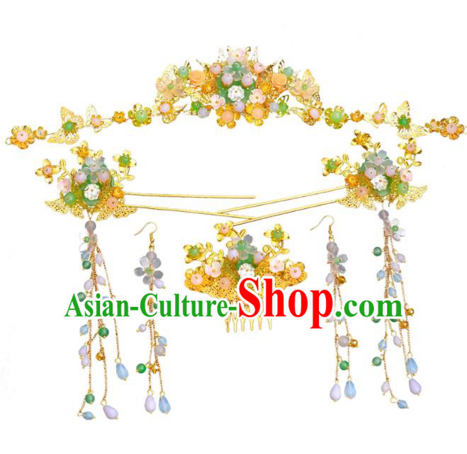 Traditional Chinese Ancient Bride Hair Accessories Xiuhe Suit Hairpins Golden Hair Clasp Complete Set for Women