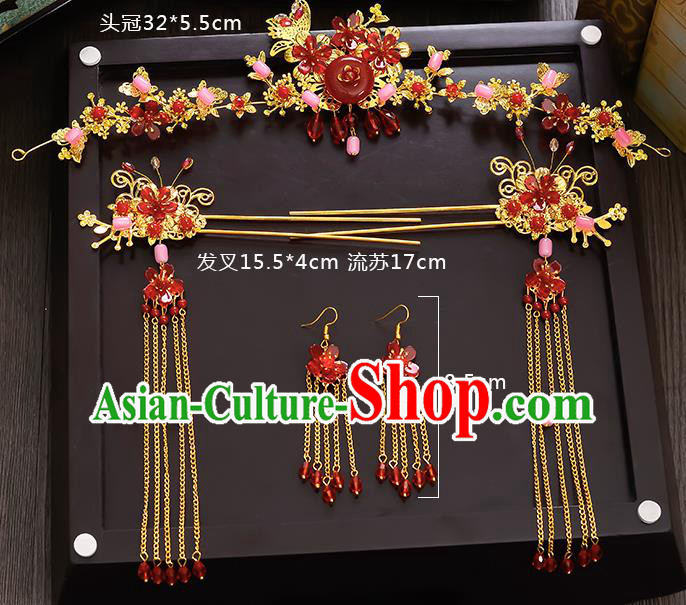 Traditional Chinese Ancient Bride Hair Accessories Xiuhe Suit Hairpins Red Jade Hair Clasp Complete Set for Women