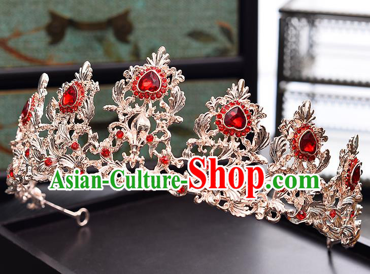 Handmade Bride Wedding Hair Accessories Red Crystal Royal Crown for Women