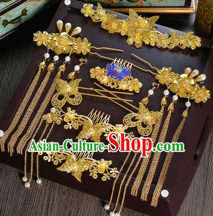 Traditional Chinese Ancient Bride Hair Accessories Xiuhe Suit Golden Butterfly Phoenix Coronet Hairpins Complete Set for Women