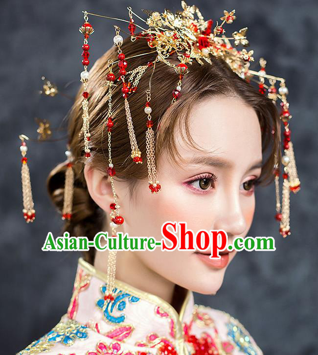 Traditional Chinese Ancient Bride Hair Accessories Xiuhe Suit Wedding Tassel Step Shake Hairpins Complete Set for Women