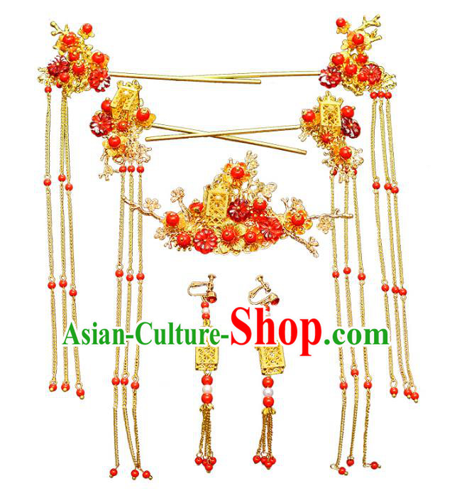 Traditional Chinese Ancient Hair Accessories Xiuhe Suit Bride Phoenix Coronet Red Beads Tassel Hairpins Complete Set for Women