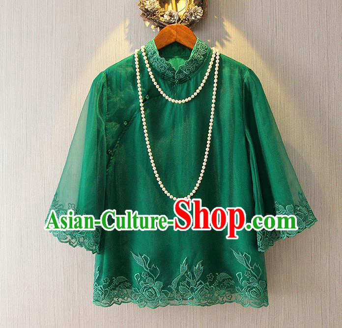 Chinese Traditional National Cheongsam Blouse Tangsuit Stand Collar Green Embroidered Shirts for Women