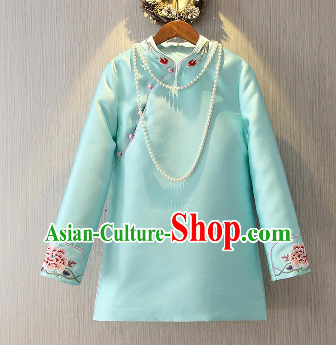 Chinese Traditional National Cheongsam Blue Blouse Tangsuit Stand Collar Embroidered Shirts for Women