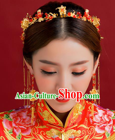 Traditional Chinese Ancient Bride Hair Accessories Xiuhe Suit Hairpins Tassel Hair Clasp Complete Set for Women