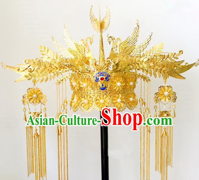 Traditional Chinese Ancient Wedding Hair Accessories Hairpins Tassel Golden Phoenix Coronet for Women