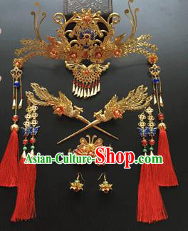 Traditional Chinese Ancient Wedding Phoenix Coronet Hair Accessories Tassel Hairpins Complete Set for Women