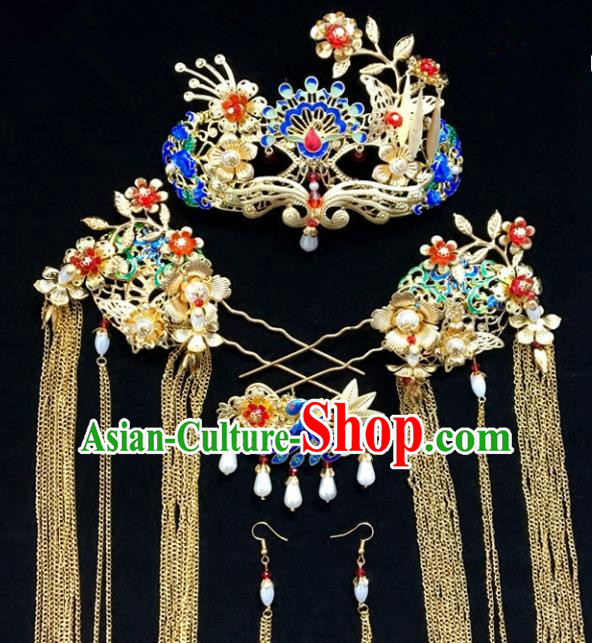 Traditional Chinese Ancient Wedding Phoenix Coronet Hair Accessories Cloisonne Hairpins Complete Set for Women
