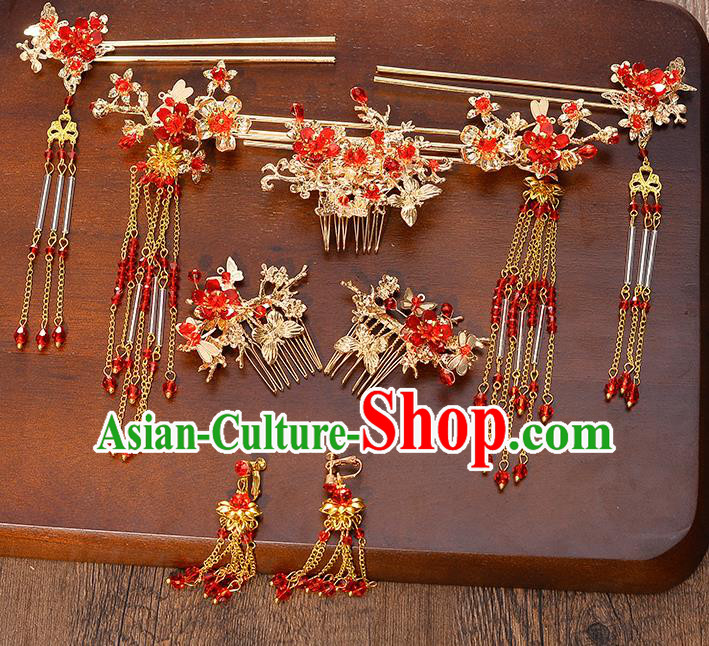Traditional Chinese Ancient Bride Hair Accessories Xiuhe Suit Red Tassel Hairpins Complete Set for Women