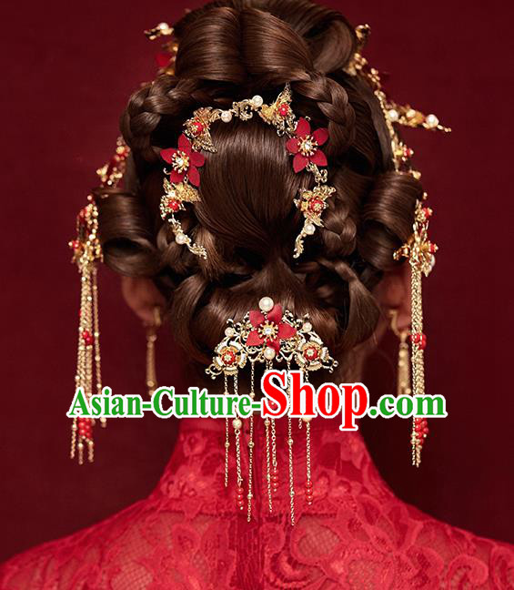 Traditional Chinese Ancient Bride Hair Accessories Xiuhe Suit Red Flowers Hairpins Complete Set for Women